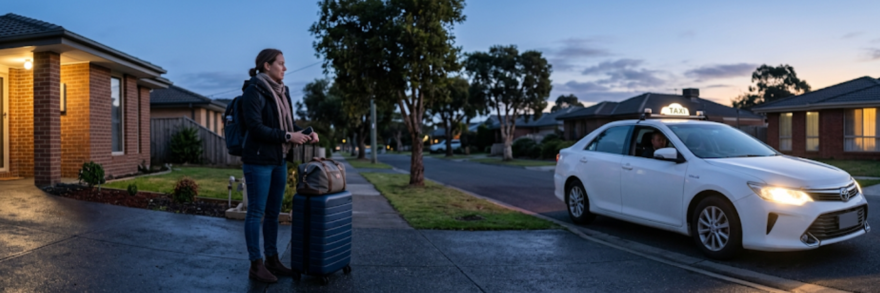 Pre-booked Frankston taxi waiting outside a busy nightlife venue on a Friday night